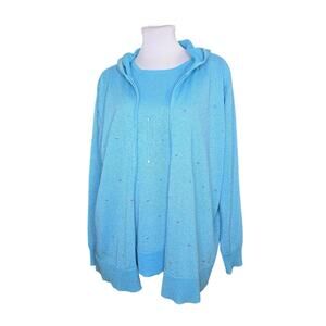 Quacker Factory Shimmery Blue Sequined Hoodie Jacket Top Set Spring Size 1X